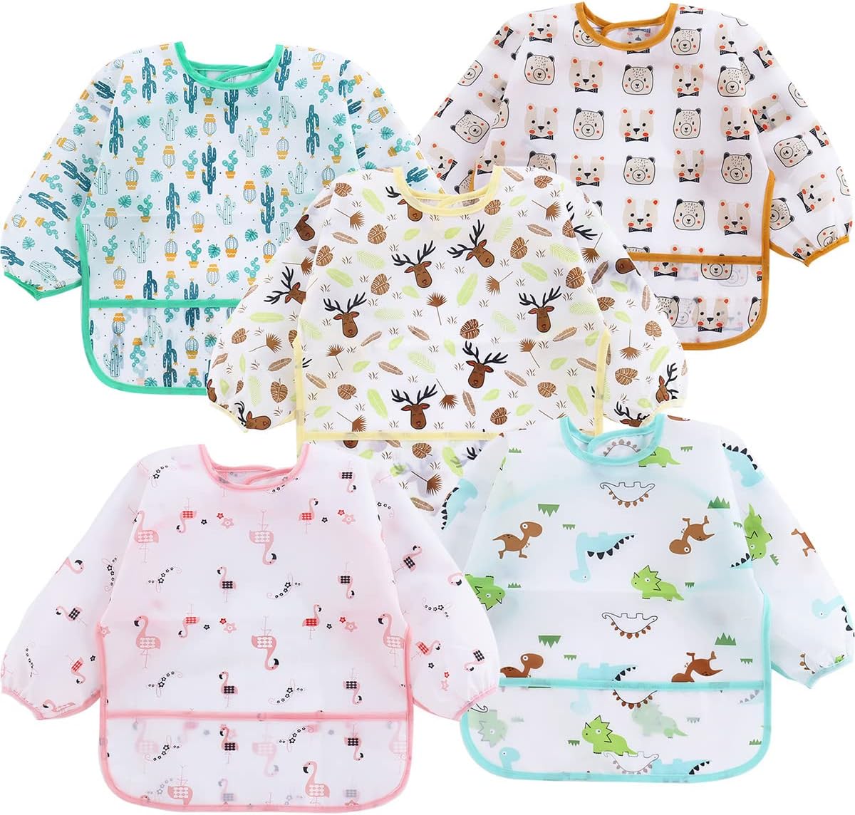 PandaEar 5 Pack Long Sleeve Bibs| Waterproof Full Bib with Sleeves for Babies Infant Toddler 6-24 Months| Mess Proof Baby Smock for Eating| Baby Apron for Feeding - Image 1